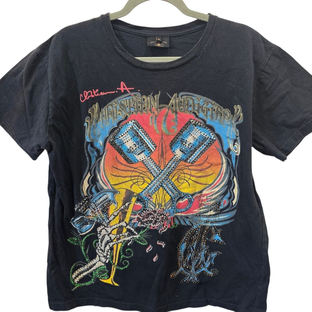 Christian Audigier Artist In Audigier Rhinestone Graphic Tee Black XL Y2K Top